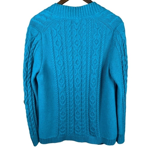 L.L. Bean Ladies Cable Knit Cardigan Long Sleeve Open Front Teal Sweater Medium - Picture 2 of 7